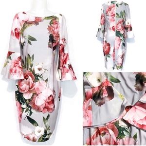 NWT Calvin Klein Silver Floral Bell Sleeve Dress 8